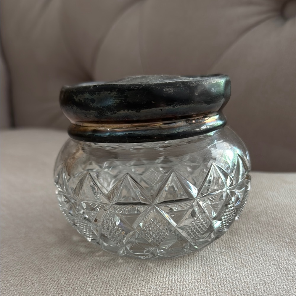 Vintage Heisey Cut Glass Vanity Jar with Sterling Silver Lid